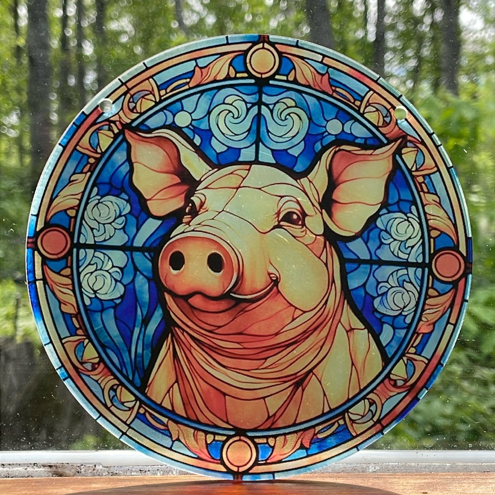 Suncatcher Acrylic Pig Farm Animal Faux Stained Glass Decoration Window Art